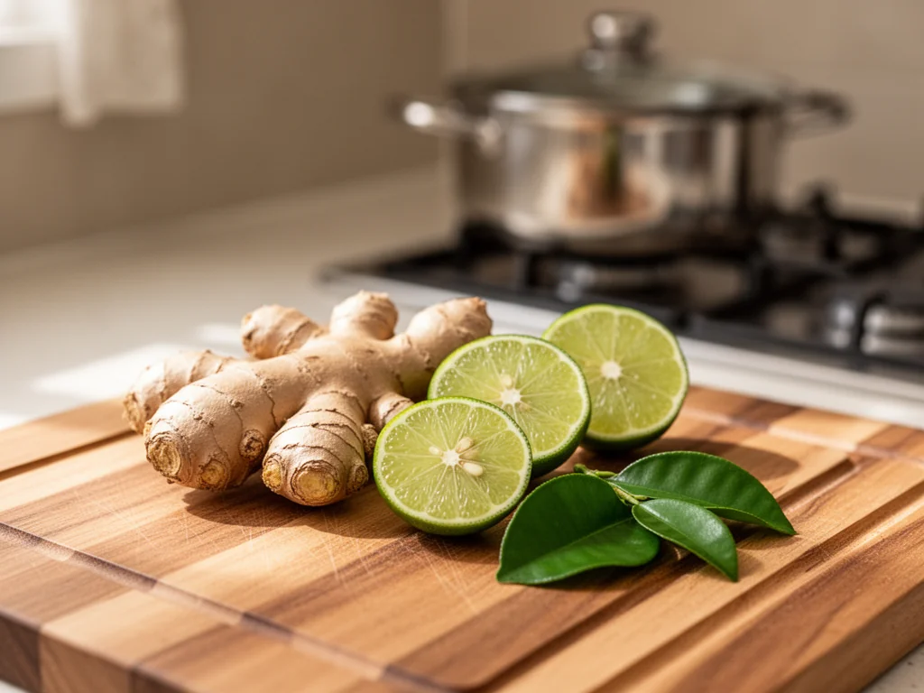 Świeży imbir, plasterki limonki i liście limonki kaffir na desce, sugerujące zamienniki trawy cytrynowej w kuchni.