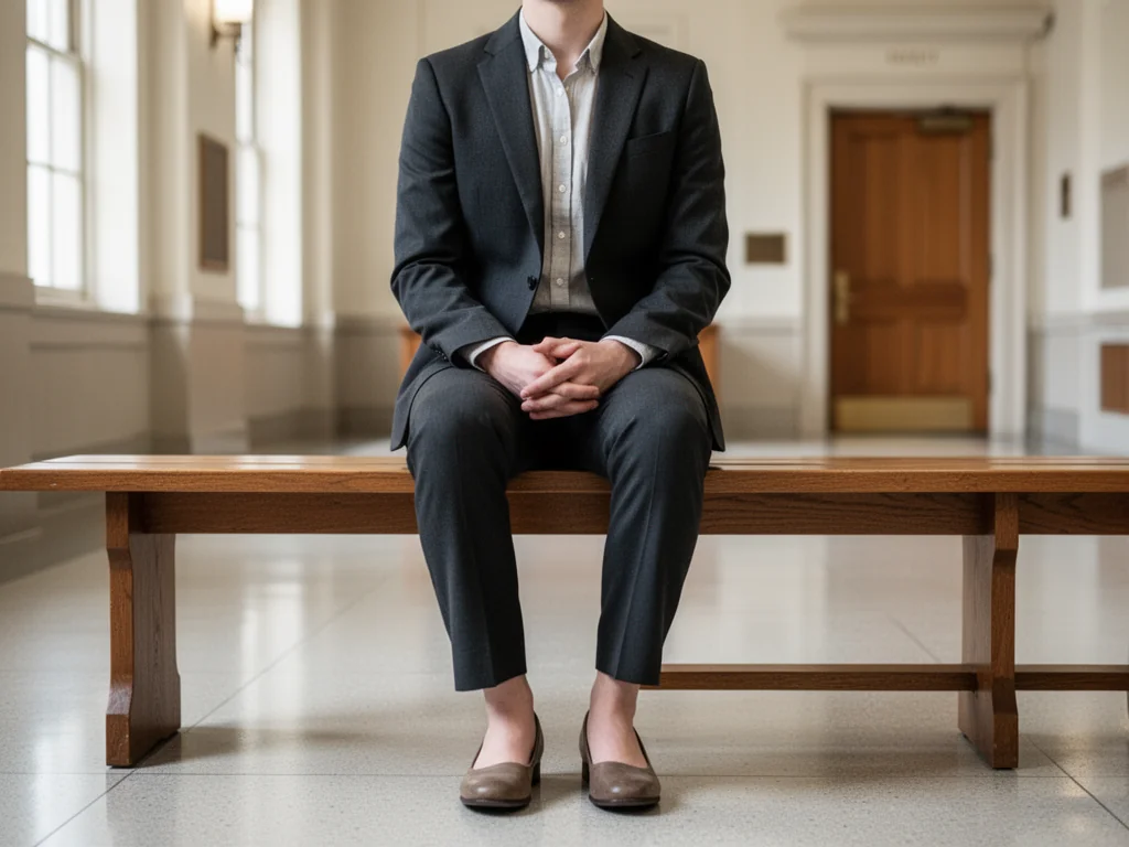 Elegancko ubrana osoba w ciemnym garniturze spokojnie czeka na korytarzu sądowym, tworząc profesjonalne wrażenie.