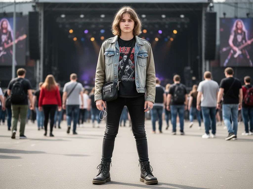 Osoba w rockowej stylizacji przed wejściem na koncert, w wygodnych butach, z małą torebką i zatyczkami do uszu w dłoni.