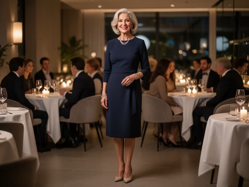 Elegancka 60-latka w szykownej sukience na urodzinach w lokalu, w tle restauracja i goście w półformalnych stylizacjach.