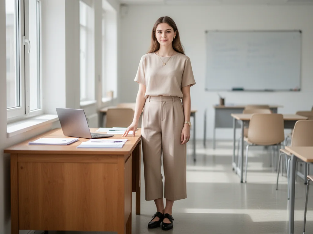Pewna siebie kobieta w eleganckim, stonowanym stroju przy biurku, gotowa do profesjonalnej obrony pracy.