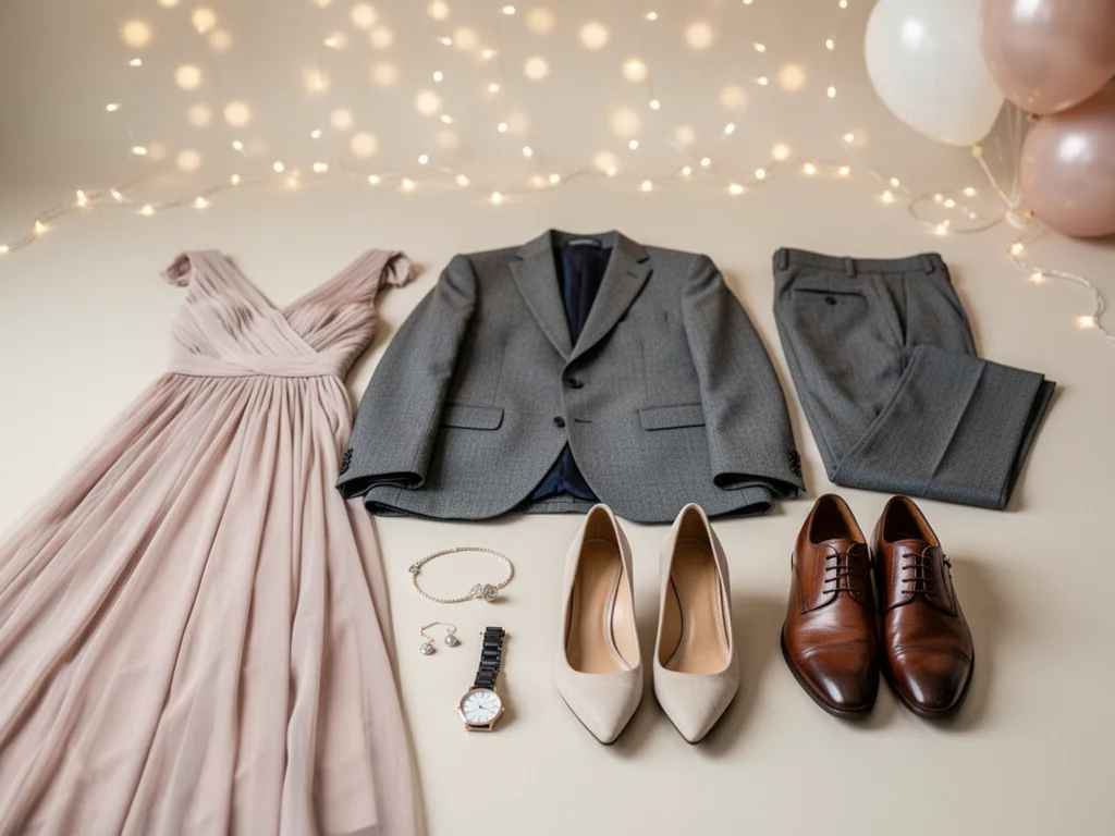 Eleganckie stylizacje damskie i męskie na 40 urodziny, ułożone na tle z delikatnymi światełkami i balonami