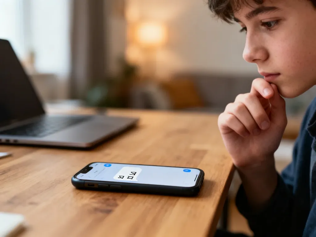 Smartfon z czatem pokazujący trzy‑literowy skrót, obok zamyślona dłoń młodej osoby, klimat swobodnej rozmowy w sieci