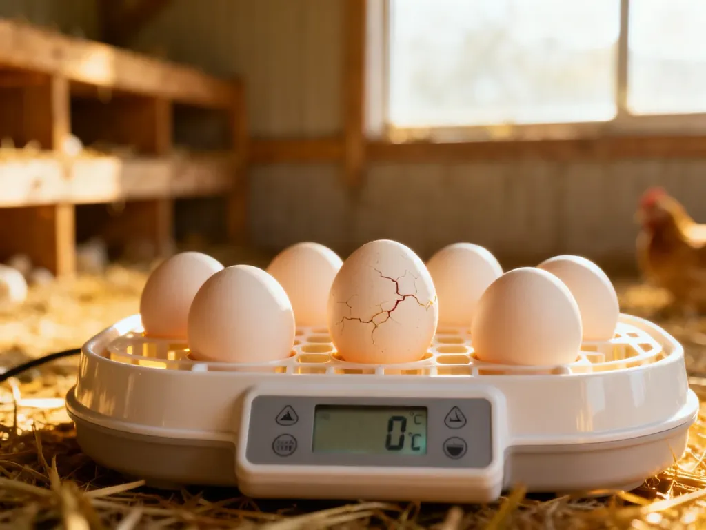 Jaja kurze w inkubatorze z widocznymi pęknięciami skorupki, na wyświetlaczu kontrola właściwej wilgotności i temperatury