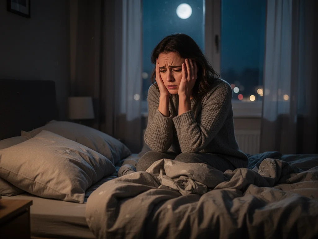 Zaniepokojona kobieta siedzi nocą na łóżku po niepokojącym śnie, w półmroku sypialni z widokiem na światła miasta.