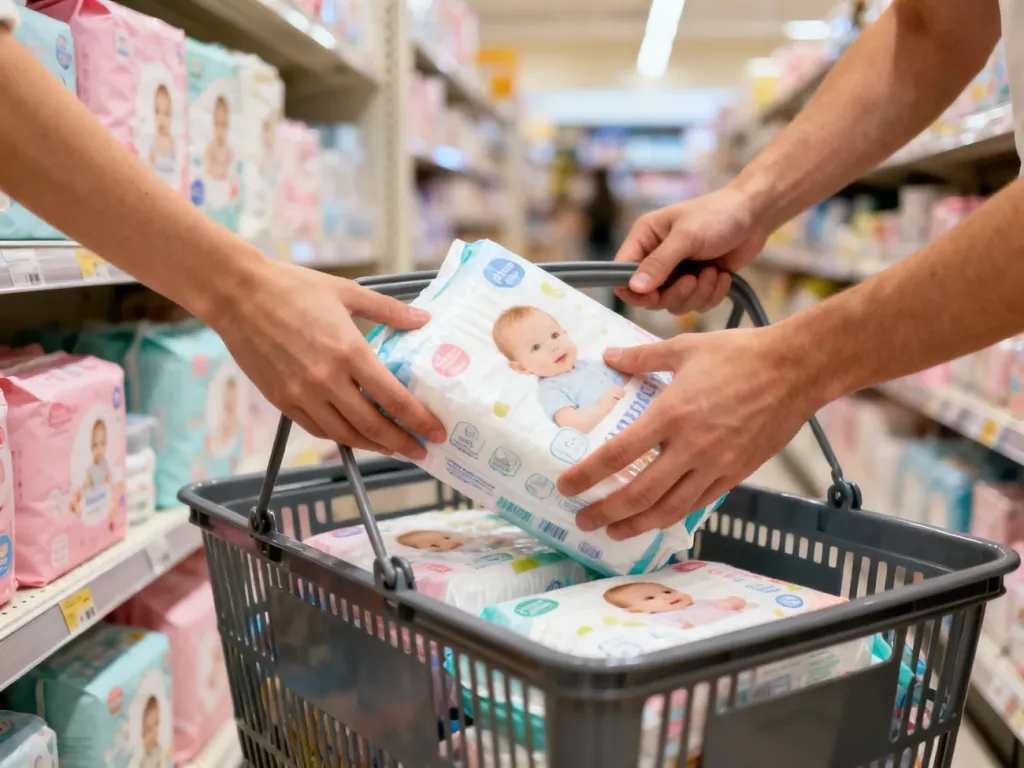 Rodzic wkłada paczkę pampersów do koszyka w supermarkecie, ilustrując możliwość zakupu pieluch w niedzielę.