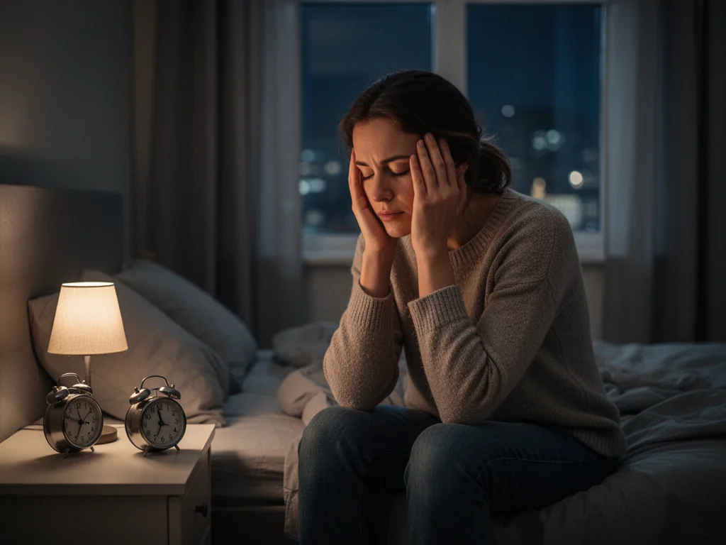 Zamknięta w sobie kobieta siedząca nocą na łóżku, pogrążona w ciężkich, niepokojących myślach i emocjach.