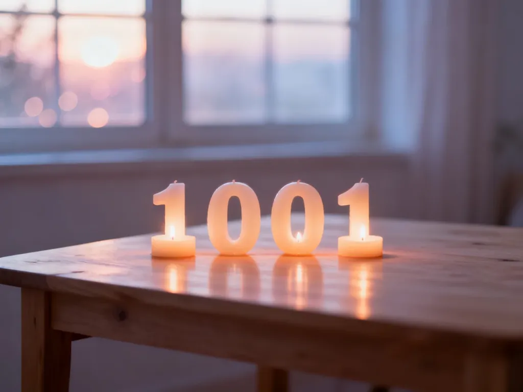 Cztery świeczki układające się w liczbę 1001, tworzące mistyczny, spokojny nastrój duchowej refleksji.