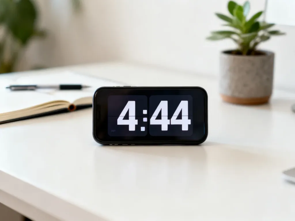 Cyfrowy zegar pokazujący godzinę 4:44 w spokojnym, minimalistycznym wnętrzu, podkreślający znaczenie liczby anielskiej 444.