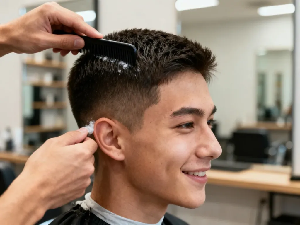 Młody mężczyzna z krótką, teksturowaną fryzurą, którą barber stylizuje grzebieniem i kosmetykiem w nowoczesnym salonie.
