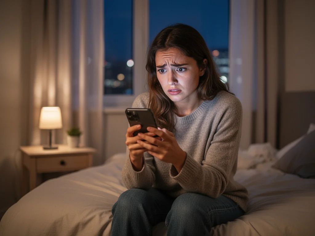 Zamyślona kobieta na łóżku nocą ściska telefon, z niepokojem zastanawiając się nad znaczeniem snu o kradzieży.