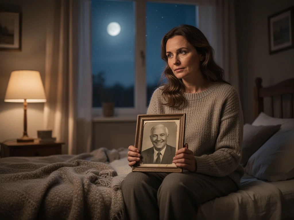 Kobieta nocą siedzi na łóżku i zamyślona ogląda stare zdjęcie uśmiechniętego ojca, wspominając zmarłego rodzica.