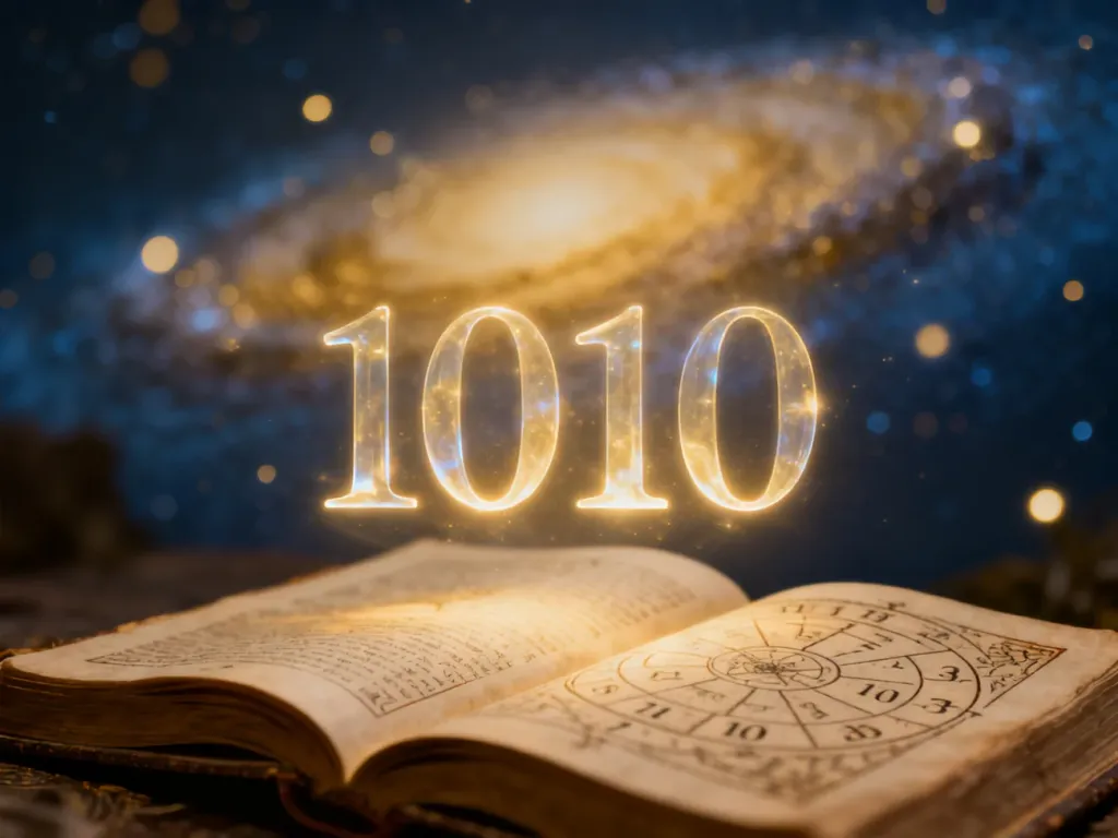 Świecąca liczba 1010 unosząca się nad otwartą księgą numerologiczną na tle kosmicznej mgławicy.
