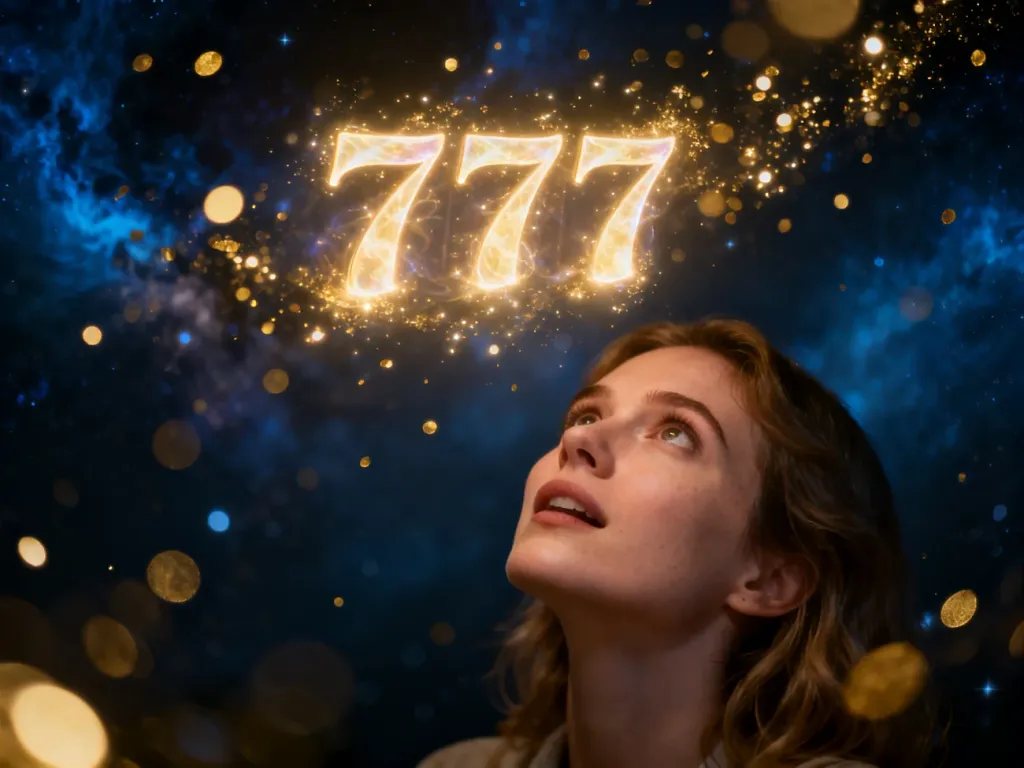 Kobieta z zachwytem spogląda na świetlistą liczbę 777 unoszącą się w magicznej, kosmicznej scenerii.