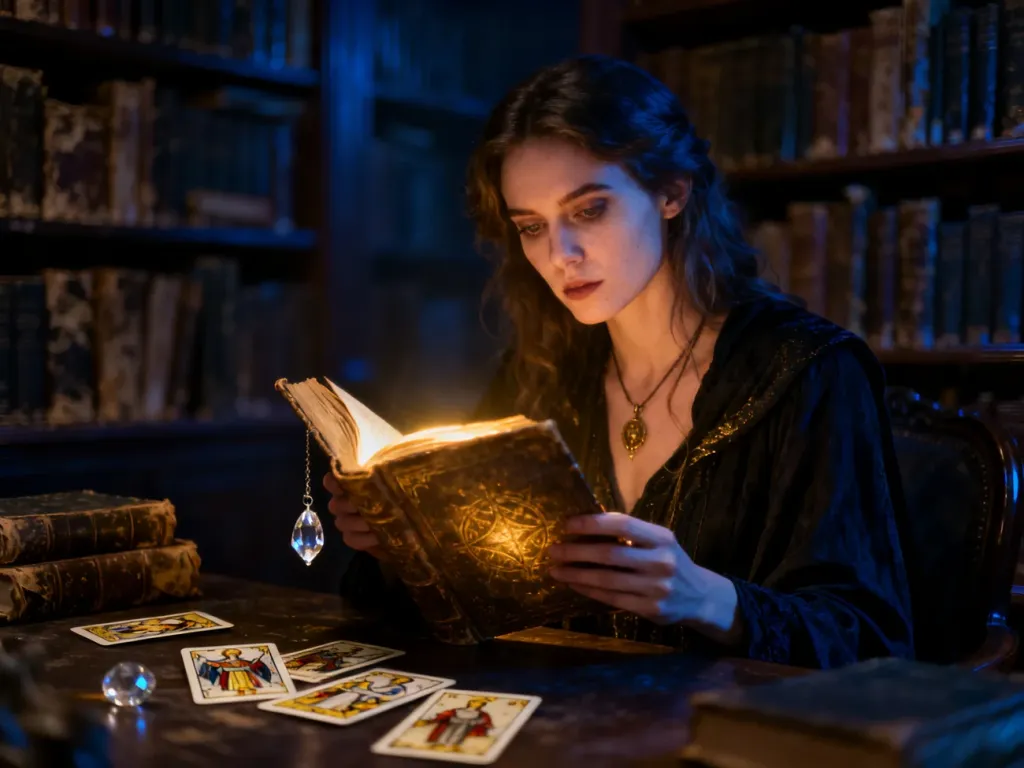 Tajemnicza kobieta w bibliotece z magiczną księgą, kartami tarota i wahadłem, symbolizująca ezoteryczną naturę siódemki.