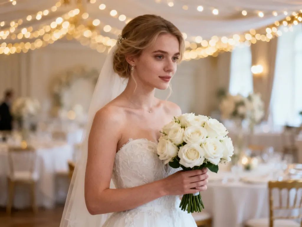 Panna młoda w białej sukni trzyma bukiet róż w eleganckiej sali weselnej o romantycznym, ciepłym oświetleniu.