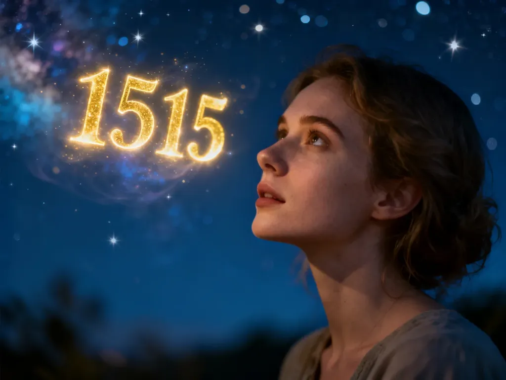 Kobieta patrząca w rozgwieżdżone niebo, na tle którego unoszą się magiczne, złote cyfry 1515 symbolizujące przekaz duchowy.