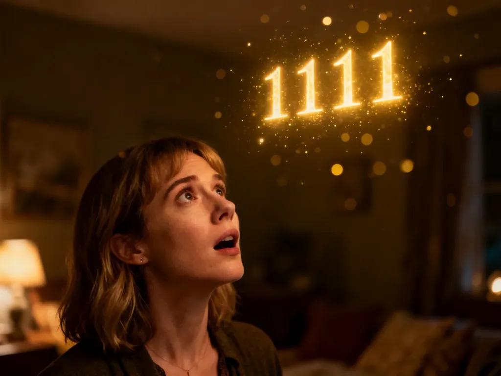 Kobieta zafascynowana świetlistą liczbą „1111” unoszącą się w powietrzu w nastrojowym, mistycznym wnętrzu.