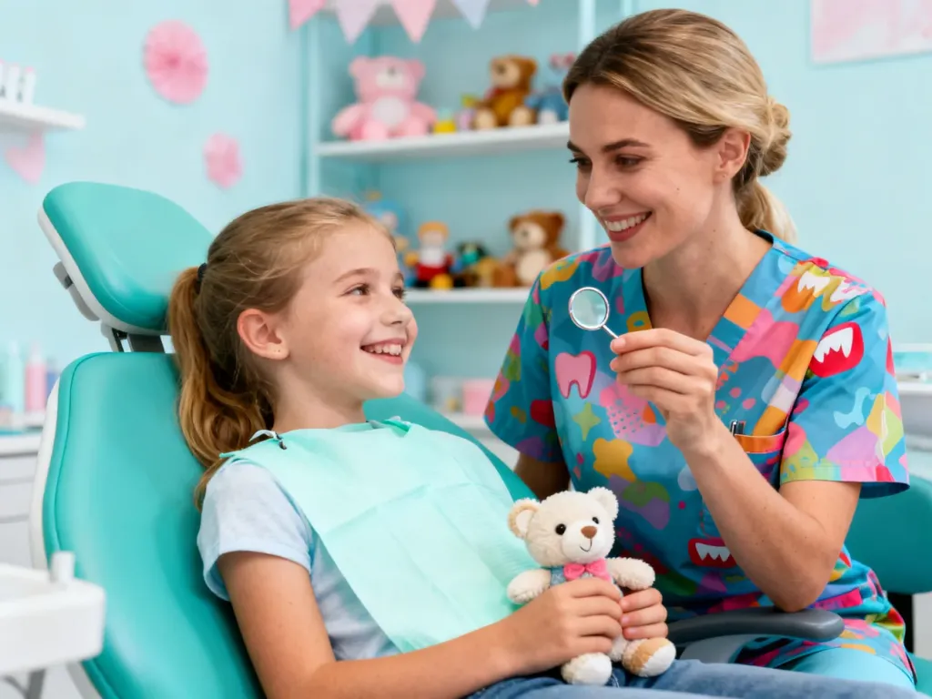 Uśmiechnięta dziewczynka na fotelu u dentysty dziecięcego w Lublinie, dentystka pokazuje lusterko, przyjazna atmosfera.